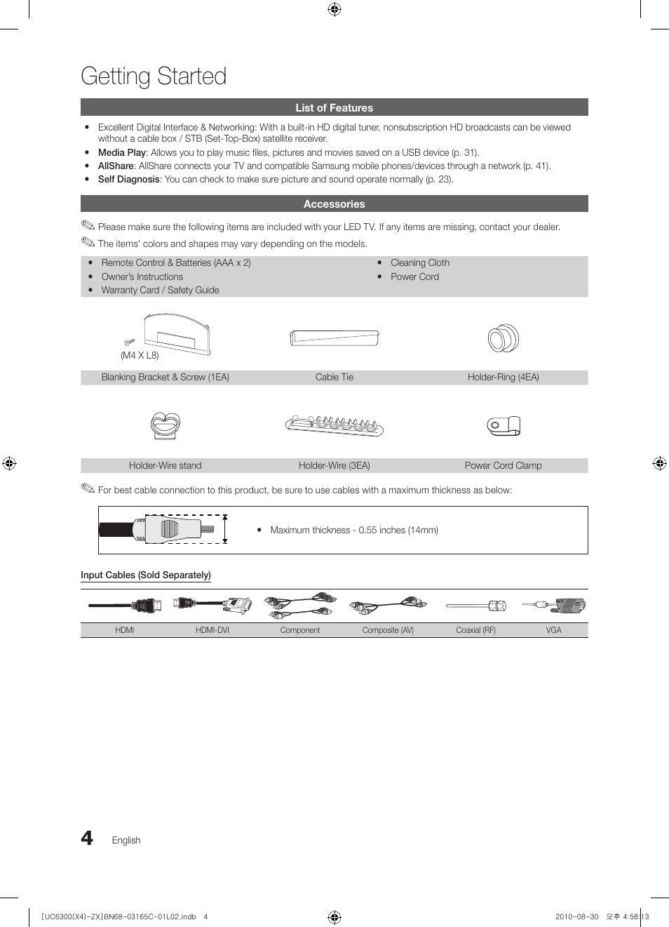 Getting started, List of features, Accessories | Samsung UN40C6300SFXZA User Manual | Page 4 / 104