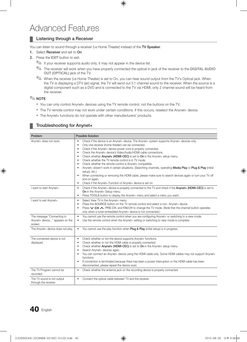 Advanced features | Samsung UN40C6300SFXZA User Manual | Page 40 / 104