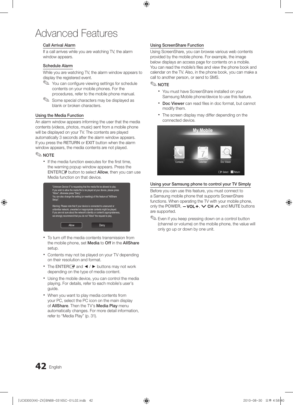 Advanced features | Samsung UN40C6300SFXZA User Manual | Page 42 / 104