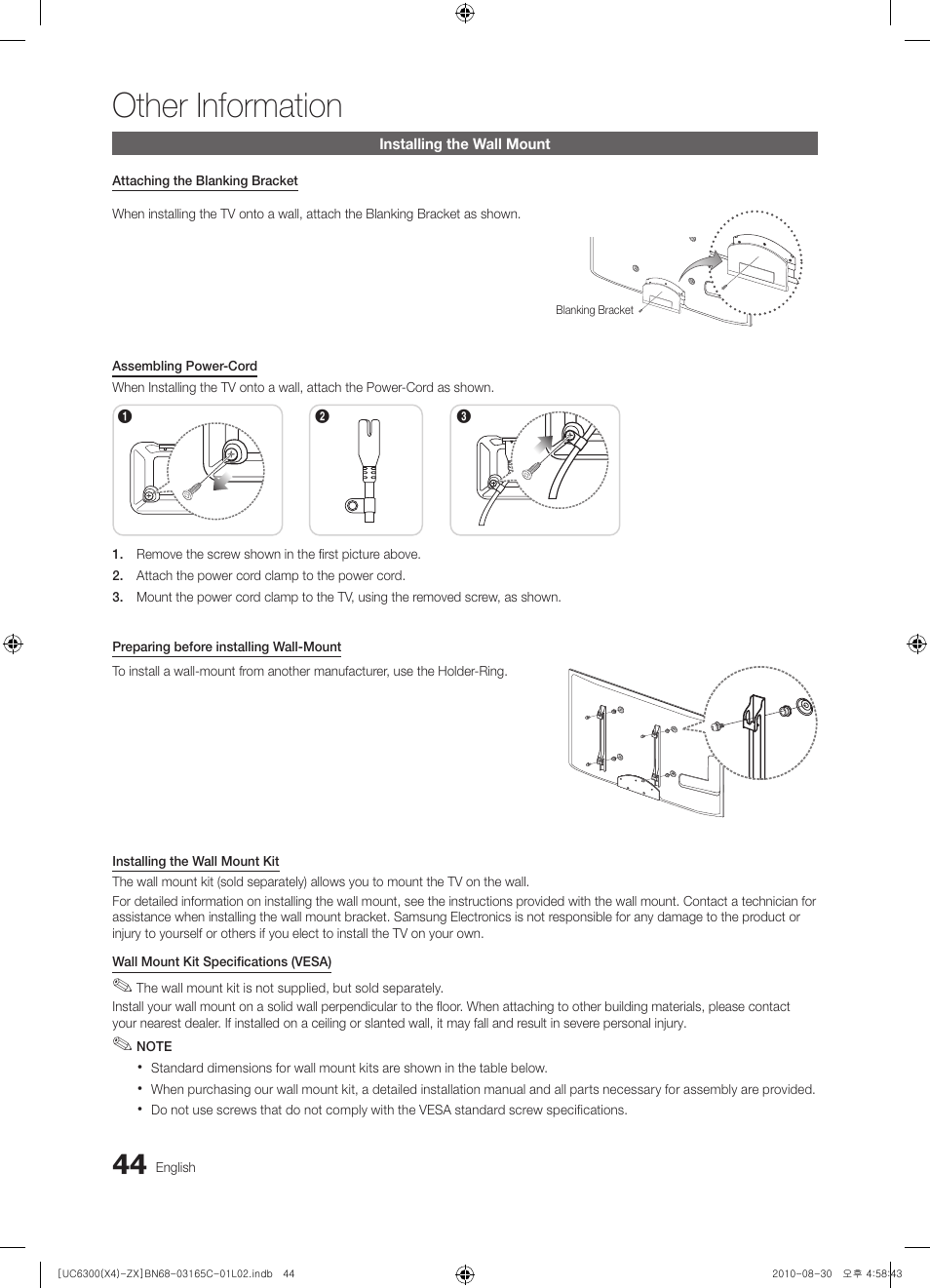 Installing the wall mount, Other information | Samsung UN40C6300SFXZA User Manual | Page 44 / 104