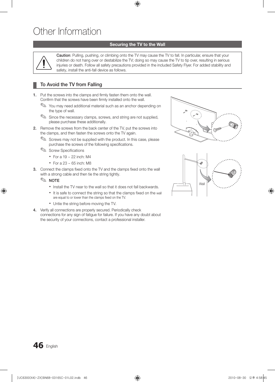 Securing the tv to the wall, Other information | Samsung UN40C6300SFXZA User Manual | Page 46 / 104