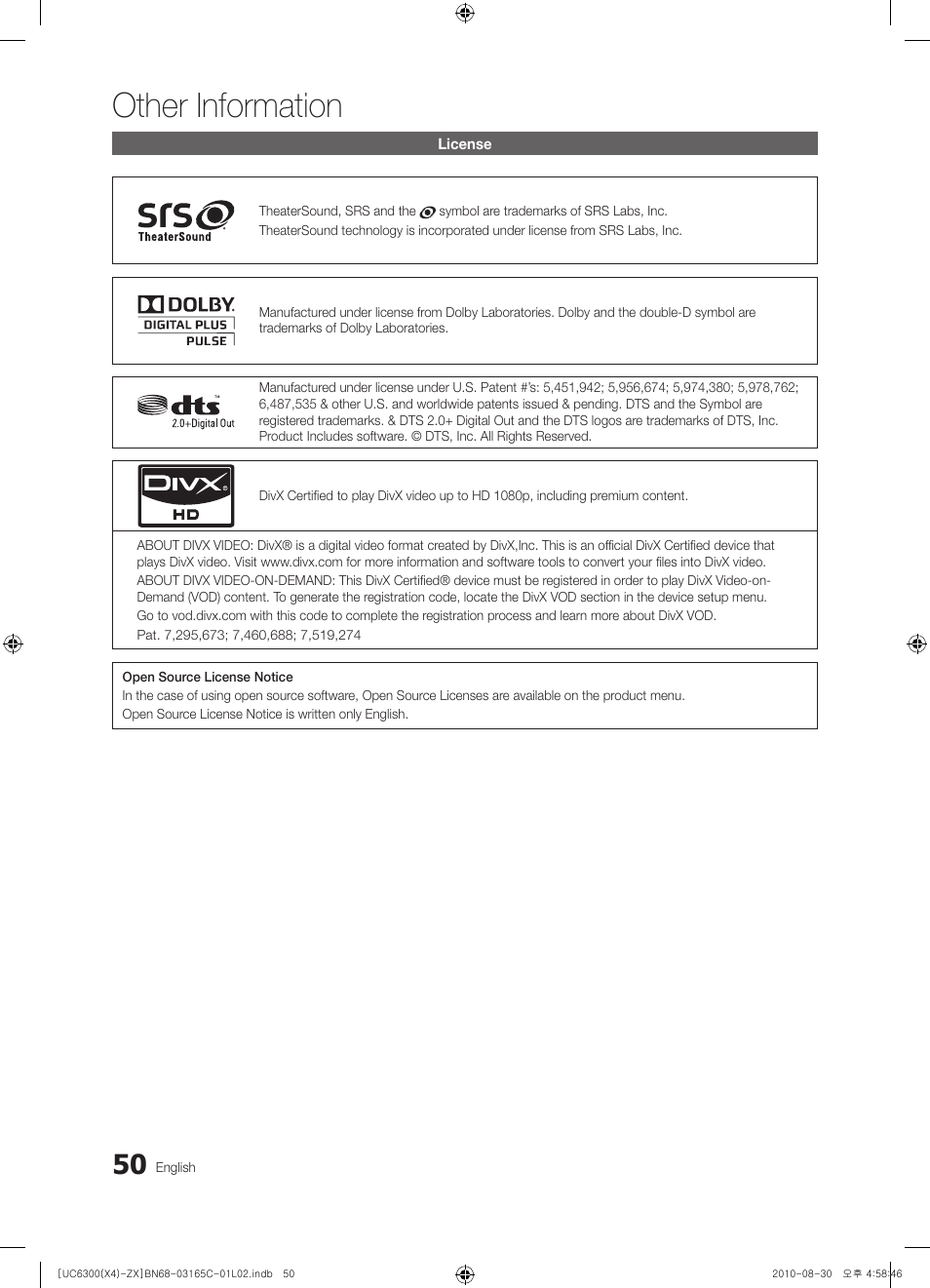 License, Other information | Samsung UN40C6300SFXZA User Manual | Page 50 / 104