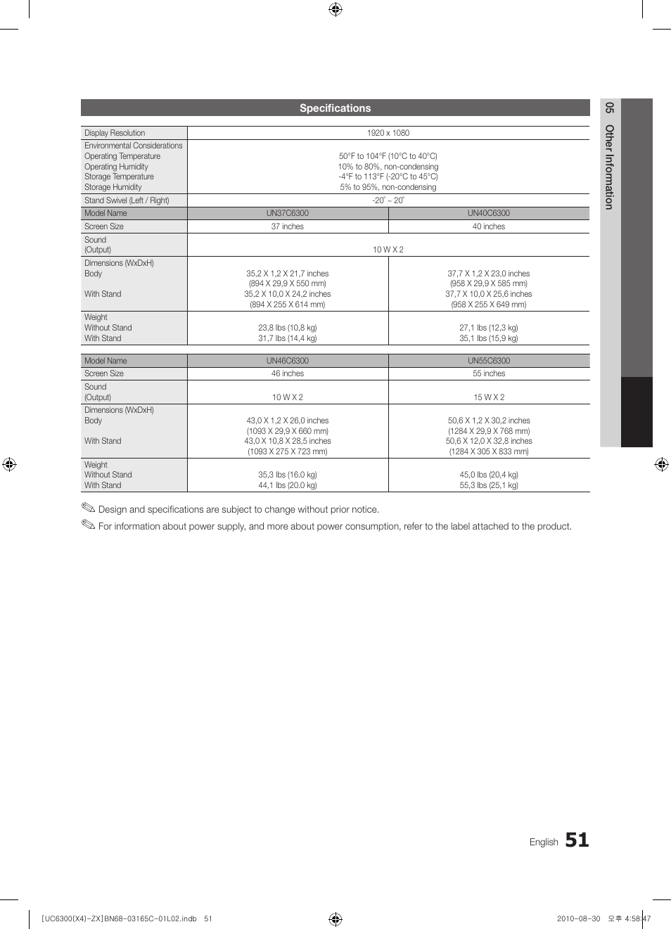 Specifications | Samsung UN40C6300SFXZA User Manual | Page 51 / 104