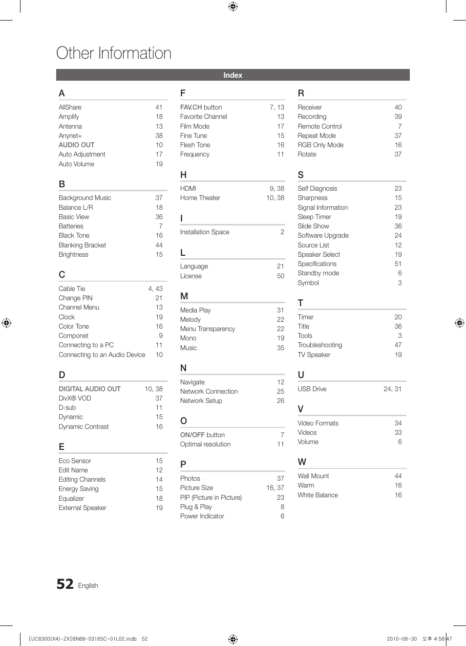 Index, Other information | Samsung UN40C6300SFXZA User Manual | Page 52 / 104