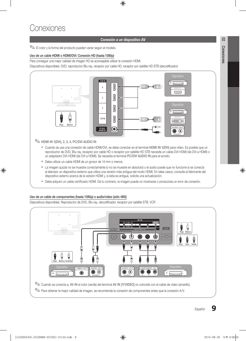 Conexiones, 02 conexiones, Conexión a un dispositivo av | Samsung UN40C6300SFXZA User Manual | Page 61 / 104