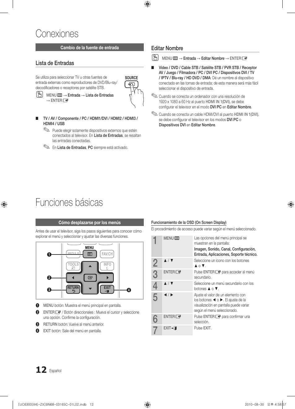 Conexiones, Funciones básicas, Lista de entradas | Editar nombre | Samsung UN40C6300SFXZA User Manual | Page 64 / 104