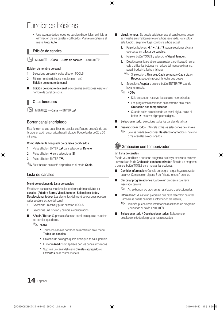 Funciones básicas, Borrar canal encriptado, Lista de canales | Grabación con temporizador | Samsung UN40C6300SFXZA User Manual | Page 66 / 104