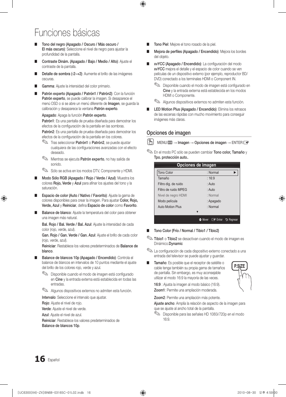 Funciones básicas, Opciones de imagen | Samsung UN40C6300SFXZA User Manual | Page 68 / 104