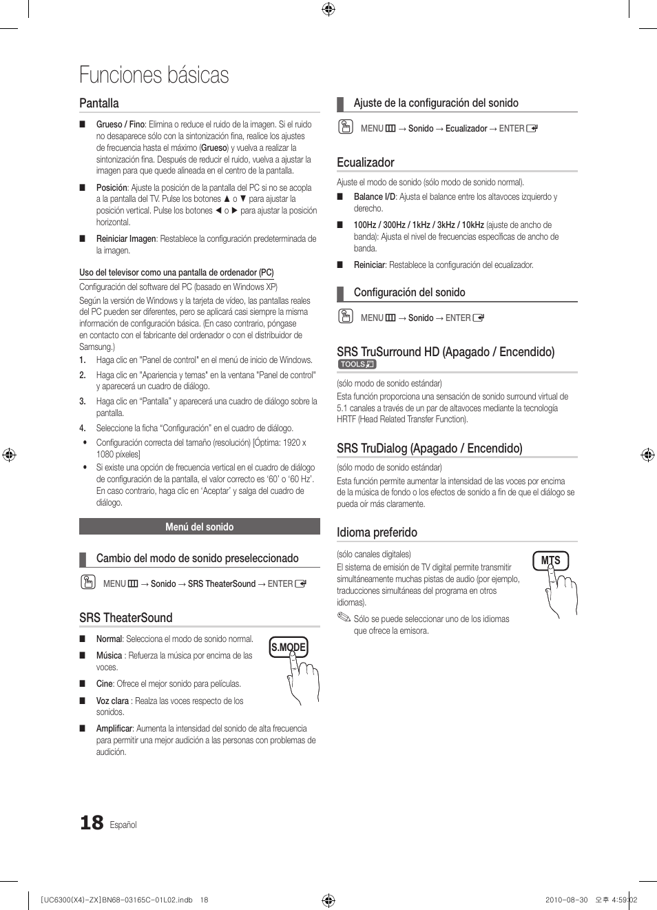 Funciones básicas, Pantalla, Srs theatersound | Ecualizador, Srs trusurround hd (apagado / encendido), Srs trudialog (apagado / encendido), Idioma preferido | Samsung UN40C6300SFXZA User Manual | Page 70 / 104