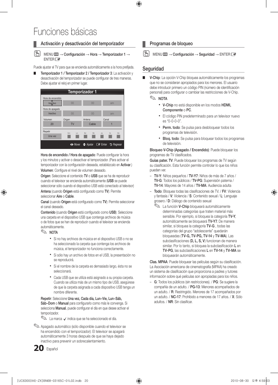 Funciones básicas, Seguridad | Samsung UN40C6300SFXZA User Manual | Page 72 / 104