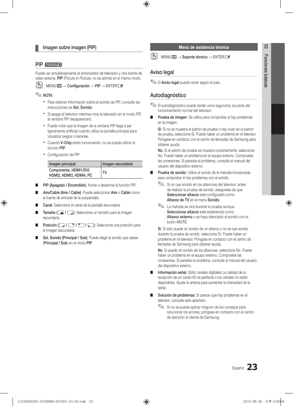 Aviso legal, Autodiagnóstico | Samsung UN40C6300SFXZA User Manual | Page 75 / 104