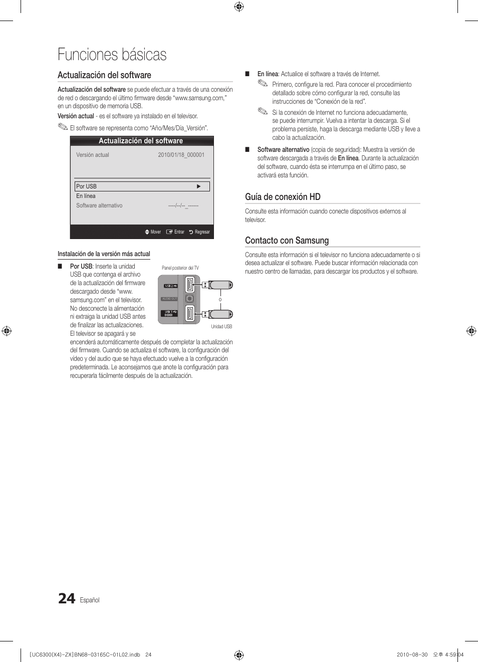 Funciones básicas, Actualización del software, Guía de conexión hd | Contacto con samsung | Samsung UN40C6300SFXZA User Manual | Page 76 / 104
