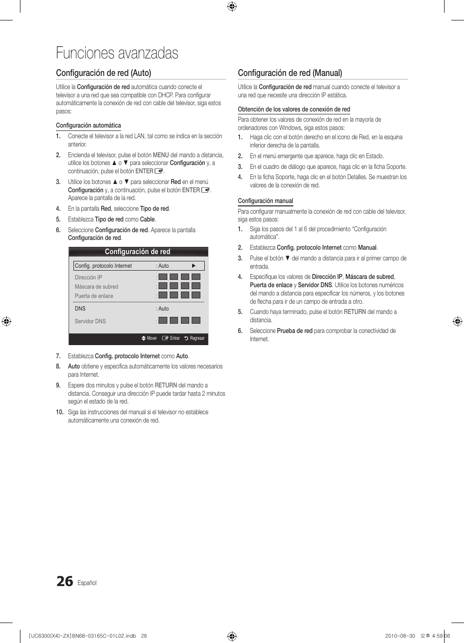 Funciones avanzadas, Configuración de red (auto), Configuración de red (manual) | Samsung UN40C6300SFXZA User Manual | Page 78 / 104