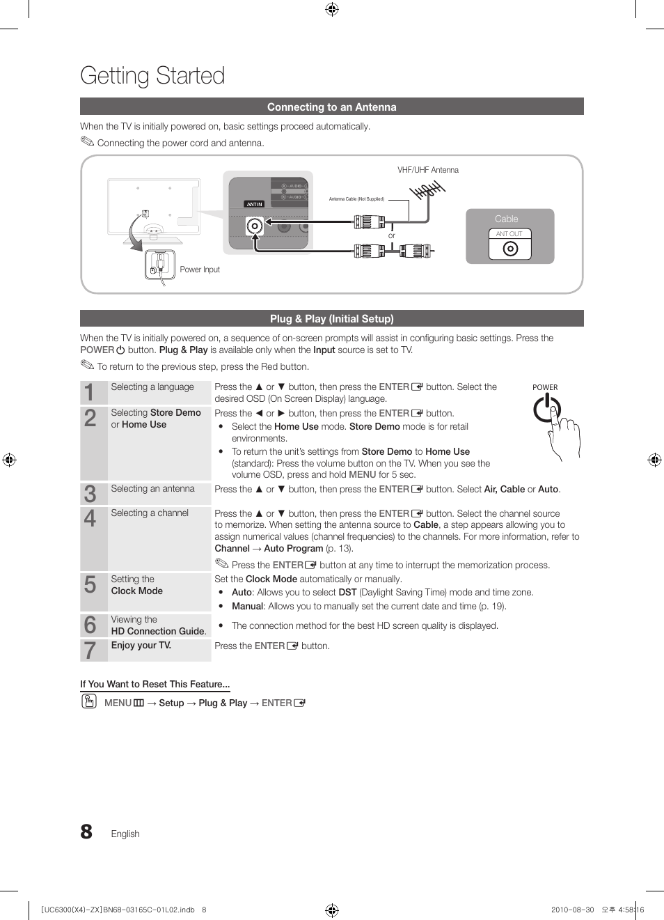 Connecting to an antenna, Plug & play (initial setup), Getting started | Samsung UN40C6300SFXZA User Manual | Page 8 / 104