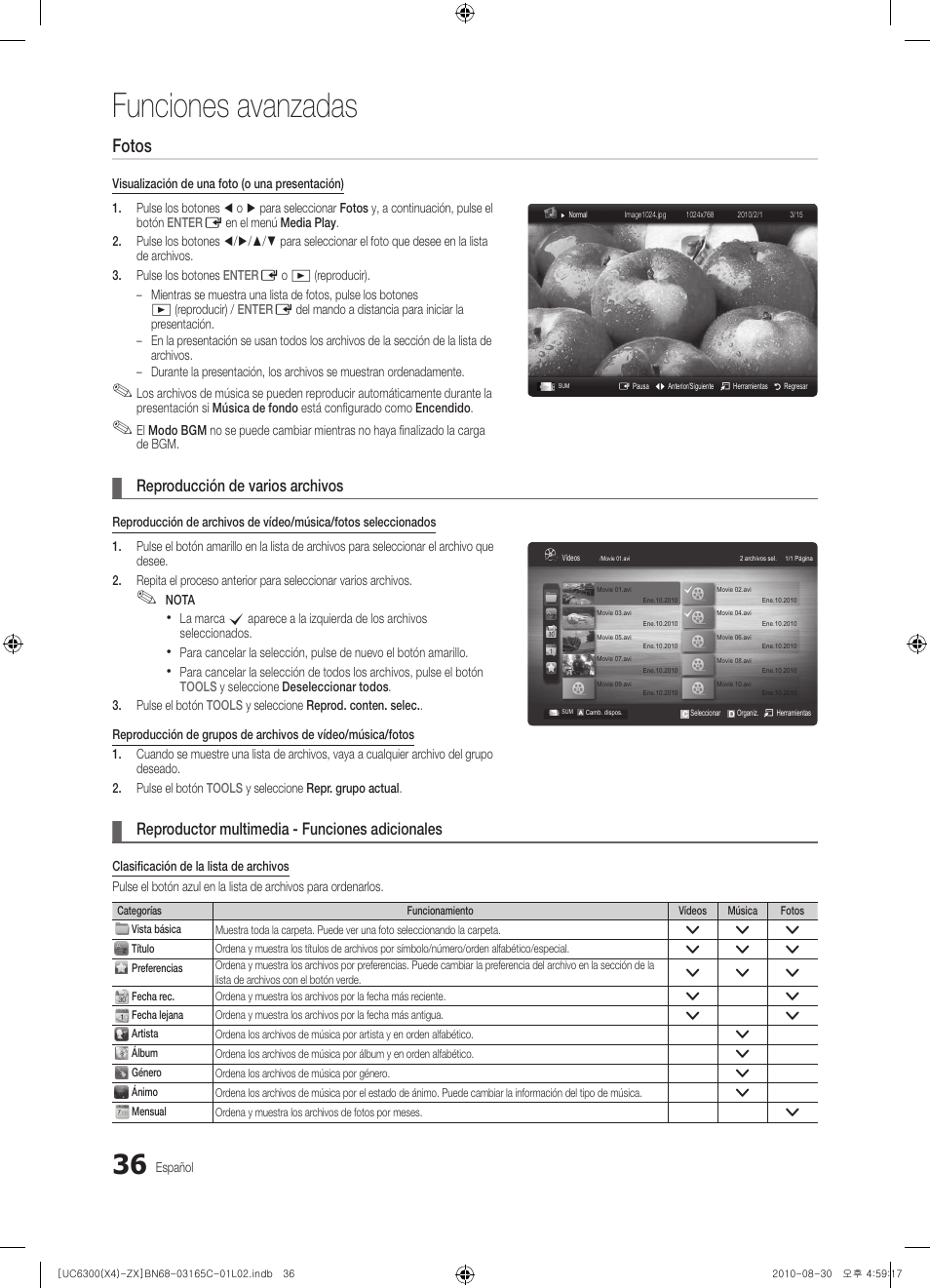 Funciones avanzadas, Fotos, Reproducción de varios archivos | Reproductor multimedia - funciones adicionales | Samsung UN40C6300SFXZA User Manual | Page 88 / 104