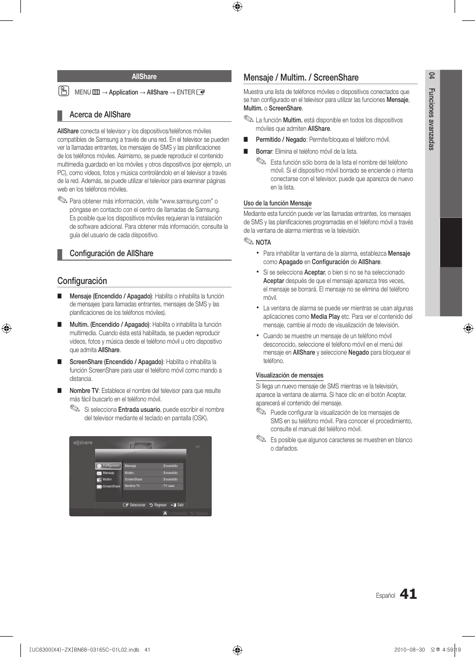 Configuración, Mensaje / multim. / screenshare | Samsung UN40C6300SFXZA User Manual | Page 93 / 104