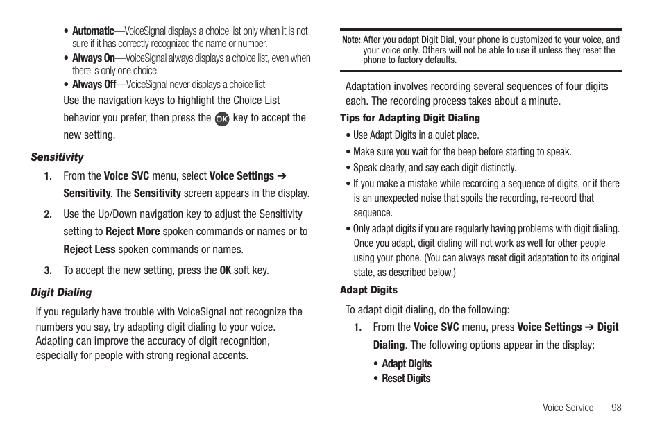 Sensitivity, Digit dialing, Tips for adapting digit dialing | Adapt digits | Samsung SCH-R460WRACRI User Manual | Page 101 / 153