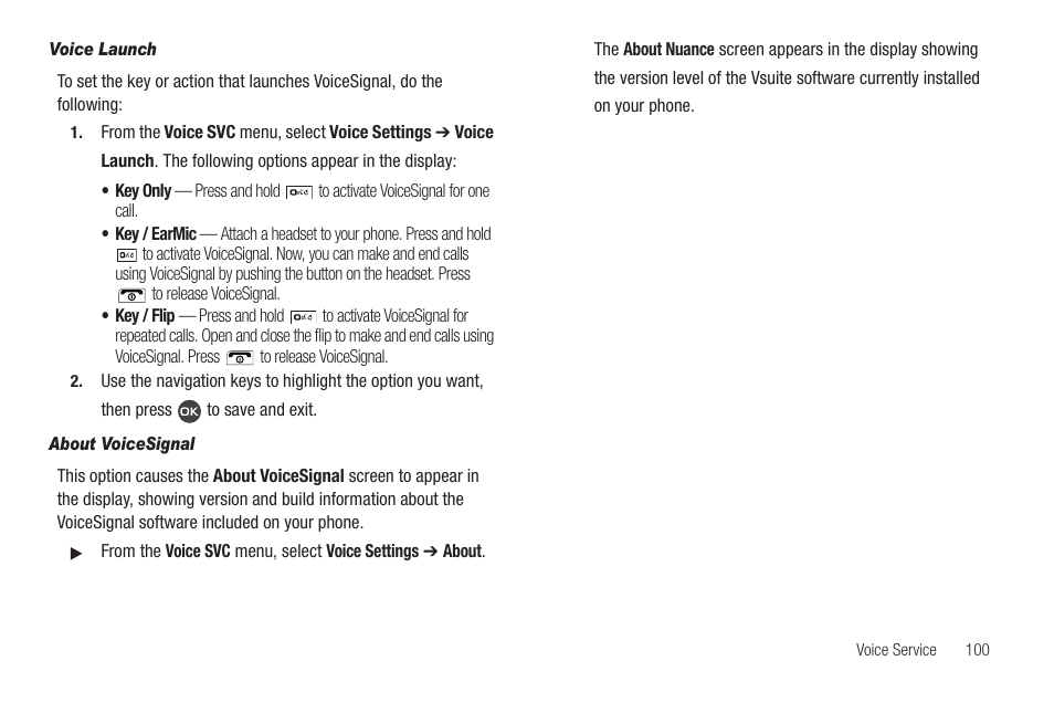 Voice launch, About voicesignal | Samsung SCH-R460WRACRI User Manual | Page 103 / 153