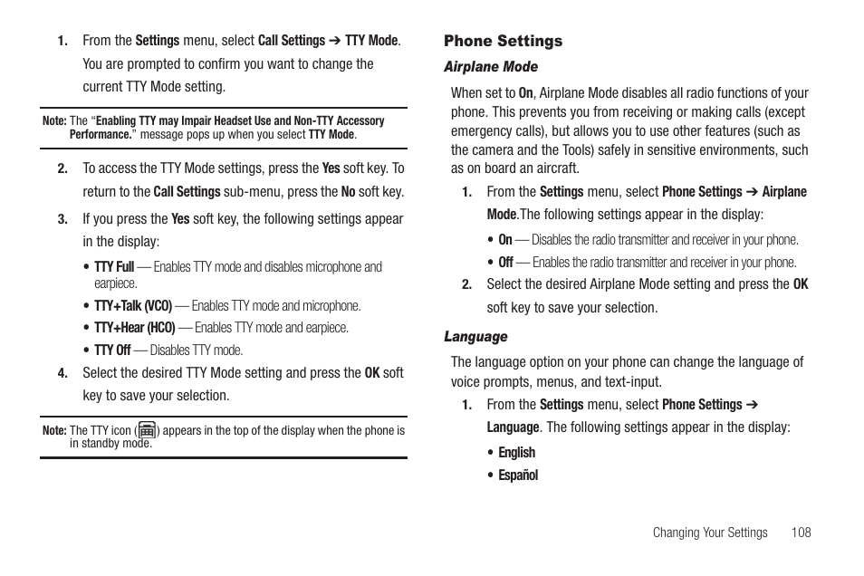 Phone settings, Airplane mode, Language | Samsung SCH-R460WRACRI User Manual | Page 111 / 153