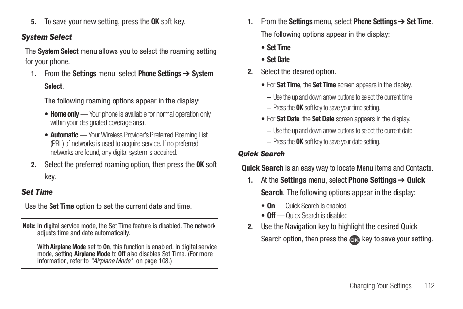 System select, Set time, Quick search | Samsung SCH-R460WRACRI User Manual | Page 115 / 153