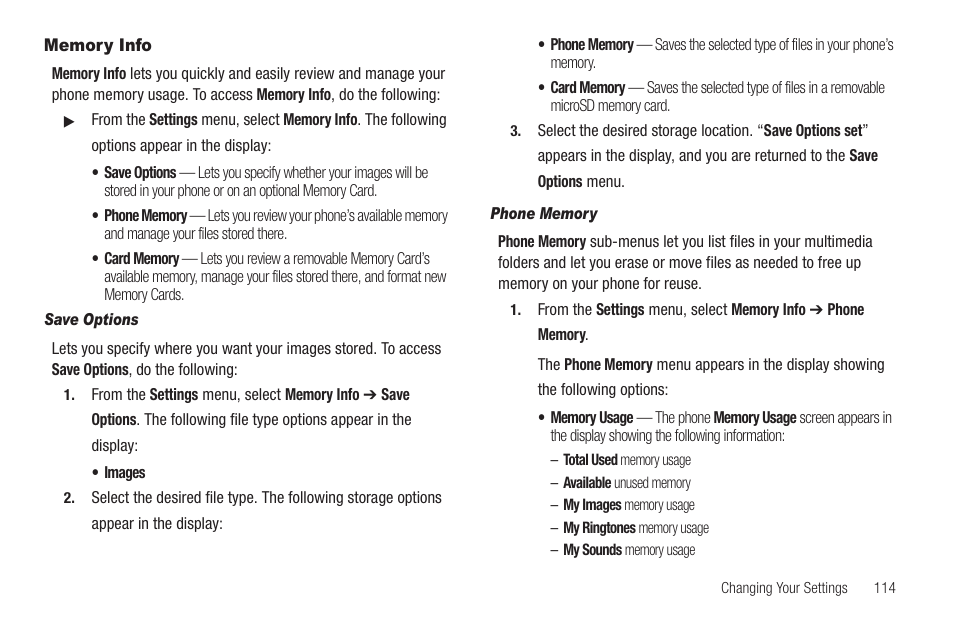 Memory info, Save options, Phone memory | Samsung SCH-R460WRACRI User Manual | Page 117 / 153