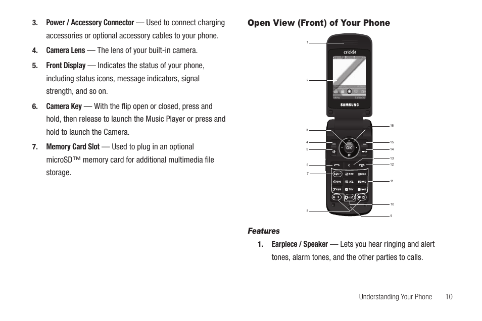 Open view (front) of your phone, Features | Samsung SCH-R460WRACRI User Manual | Page 13 / 153