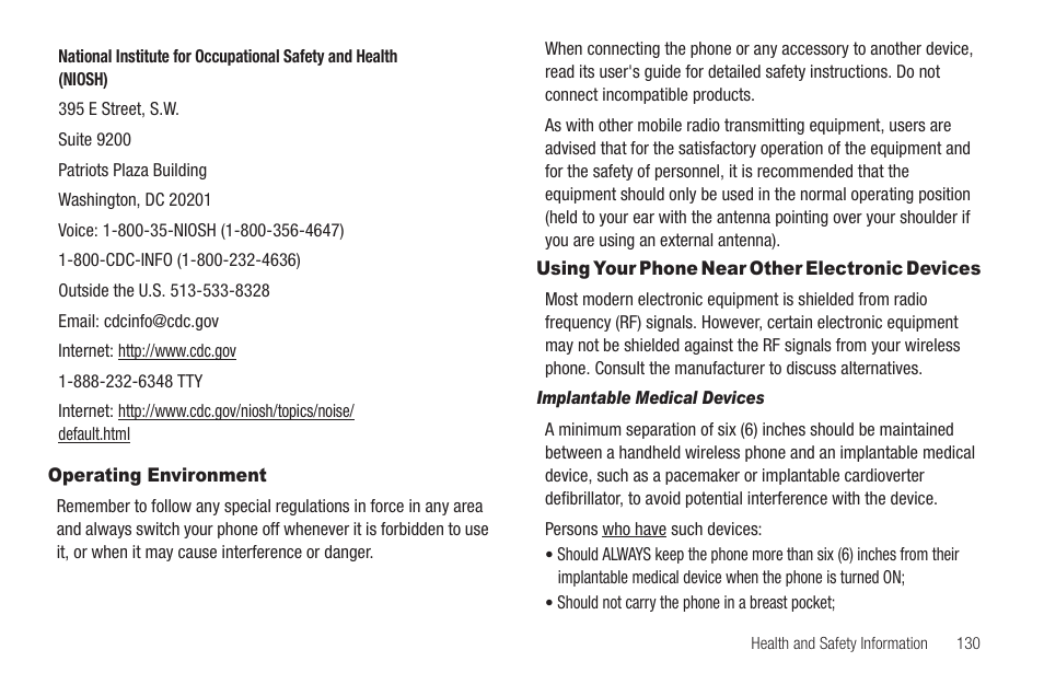 Operating environment, Using your phone near other electronic devices, Implantable medical devices | Samsung SCH-R460WRACRI User Manual | Page 133 / 153