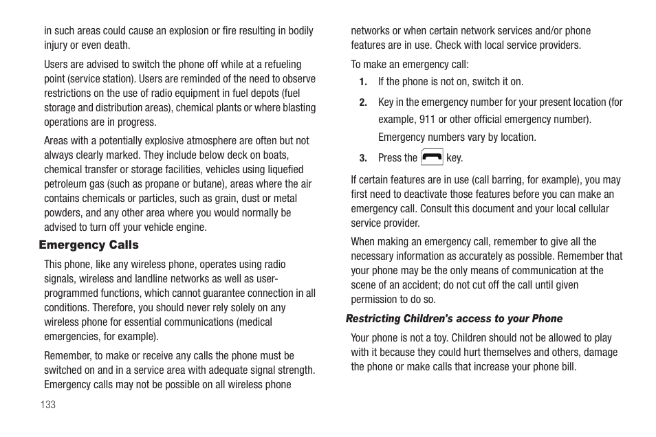 Emergency calls, Restricting children's access to your phone | Samsung SCH-R460WRACRI User Manual | Page 136 / 153