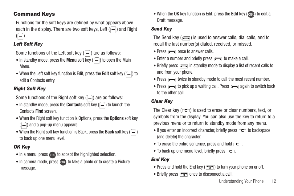 Command keys, Left soft key, Right soft key | Ok key, Send key, Clear key, End key | Samsung SCH-R460WRACRI User Manual | Page 15 / 153