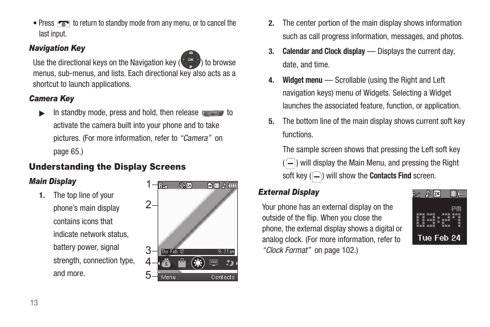 Navigation key, Camera key, Understanding the display screens | Main display, External display | Samsung SCH-R460WRACRI User Manual | Page 16 / 153