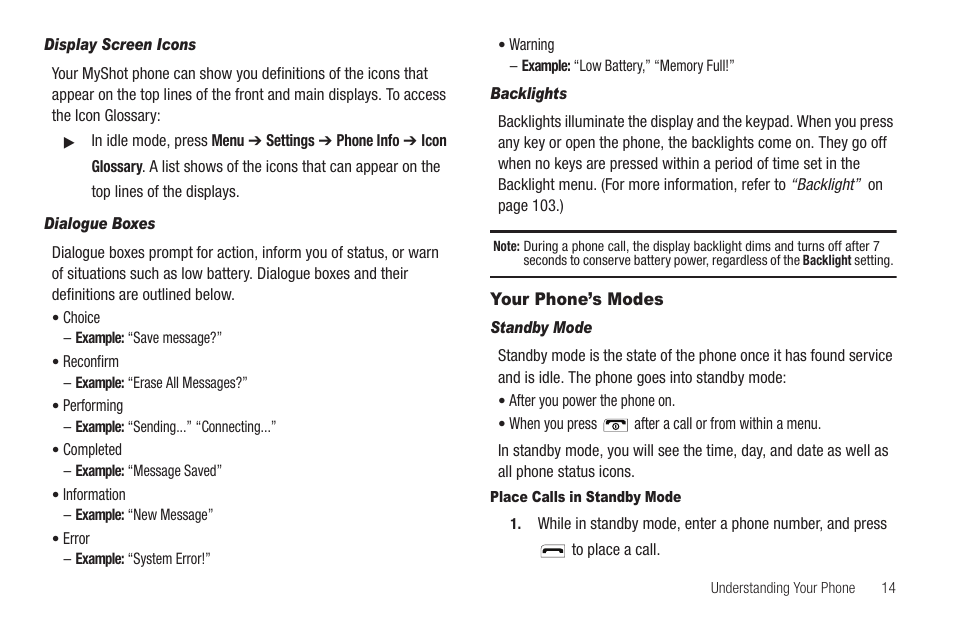 Display screen icons, Dialogue boxes, Backlights | Your phone’s modes, Standby mode, Place calls in standby mode | Samsung SCH-R460WRACRI User Manual | Page 17 / 153