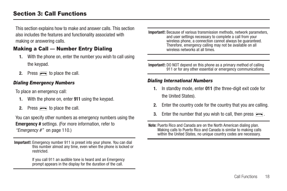 Section 3: call functions, Making a call — number entry dialing, Dialing emergency numbers | Dialing international numbers | Samsung SCH-R460WRACRI User Manual | Page 21 / 153