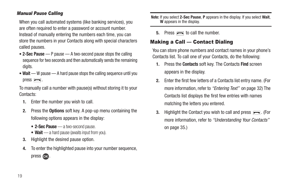 Manual pause calling, Making a call — contact dialing | Samsung SCH-R460WRACRI User Manual | Page 22 / 153