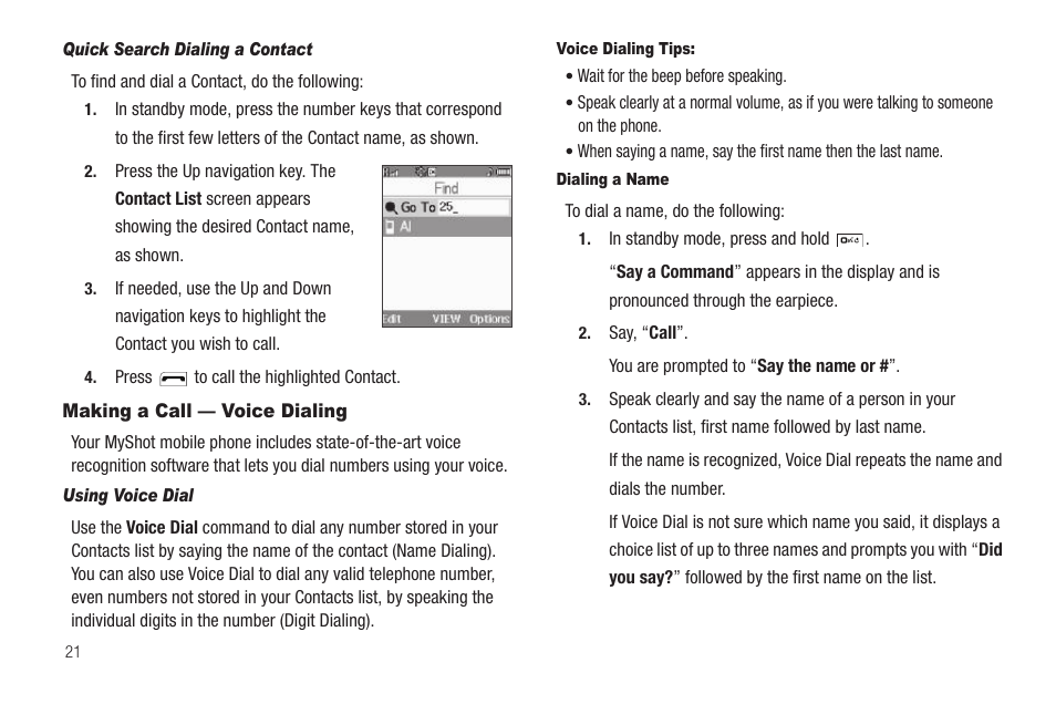 Quick search dialing a contact, Making a call — voice dialing, Using voice dial | Voice dialing tips, Dialing a name | Samsung SCH-R460WRACRI User Manual | Page 24 / 153