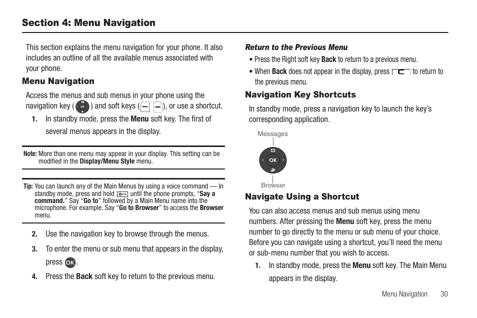 Section 4: menu navigation, Menu navigation, Return to the previous menu | Navigation key shortcuts, Navigate using a shortcut | Samsung SCH-R460WRACRI User Manual | Page 33 / 153