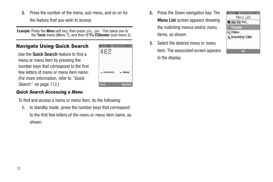 Navigate using quick search, Quick search accessing a menu | Samsung SCH-R460WRACRI User Manual | Page 34 / 153