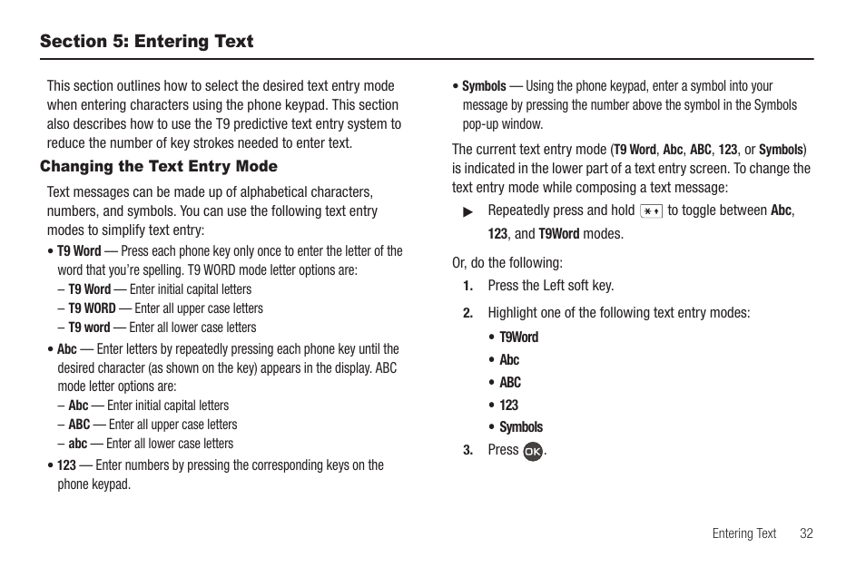 Section 5: entering text, Changing the text entry mode, Me. (for | Samsung SCH-R460WRACRI User Manual | Page 35 / 153