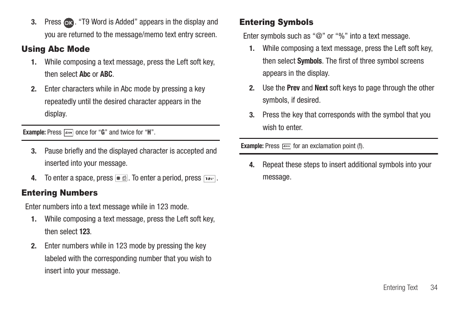 Using abc mode, Entering numbers, Entering symbols | Using abc mode entering numbers entering symbols | Samsung SCH-R460WRACRI User Manual | Page 37 / 153