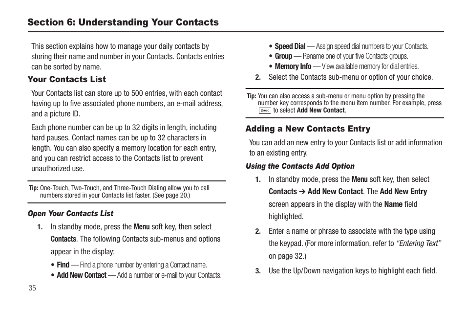 Section 6: understanding your contacts, Your contacts list, Open your contacts list | Adding a new contacts entry, Using the contacts add option, Your contacts list adding a new contacts entry | Samsung SCH-R460WRACRI User Manual | Page 38 / 153