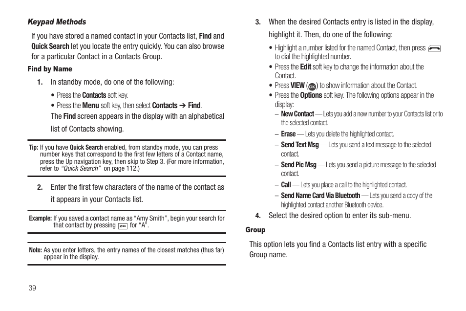 Keypad methods, Find by name, Group | Ntacts. (for more information, refer to “group” on | Samsung SCH-R460WRACRI User Manual | Page 42 / 153