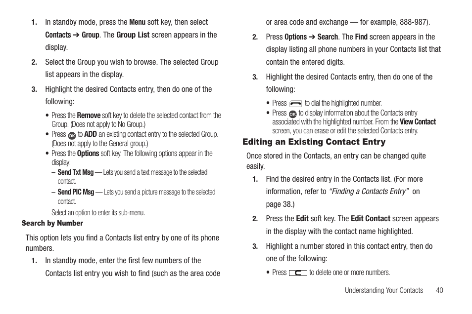 Search by number, Editing an existing contact entry, See “editing an existing contact | Samsung SCH-R460WRACRI User Manual | Page 43 / 153