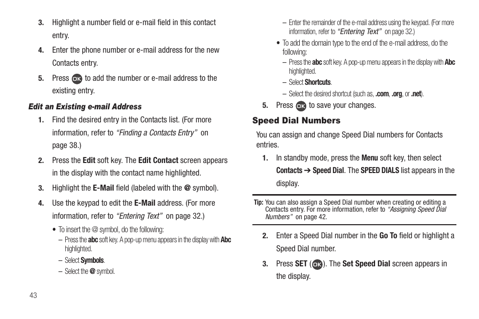 Edit an existing e-mail address, Speed dial numbers | Samsung SCH-R460WRACRI User Manual | Page 46 / 153