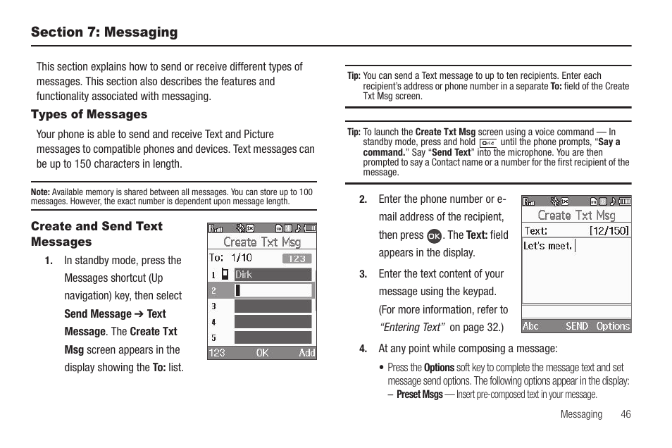 Section 7: messaging, Types of messages, Create and send text messages | Types of messages create and send text messages | Samsung SCH-R460WRACRI User Manual | Page 49 / 153