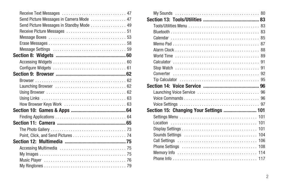 Section 8: widgets 60, Section 9: browser 62, Section 10: games & apps 64 | Section 11: camera 65, Section 12: multimedia 75, Section 13: tools/utilities 83, Section 14: voice service 96, Section 15: changing your settings 101 | Samsung SCH-R460WRACRI User Manual | Page 5 / 153