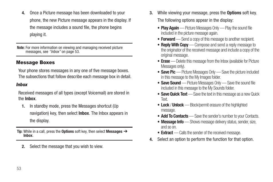 Message boxes, Inbox | Samsung SCH-R460WRACRI User Manual | Page 56 / 153