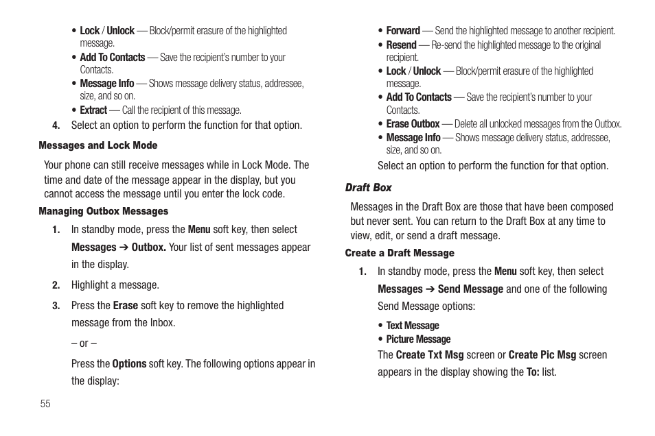 Messages and lock mode, Managing outbox messages, Draft box | Create a draft message | Samsung SCH-R460WRACRI User Manual | Page 58 / 153