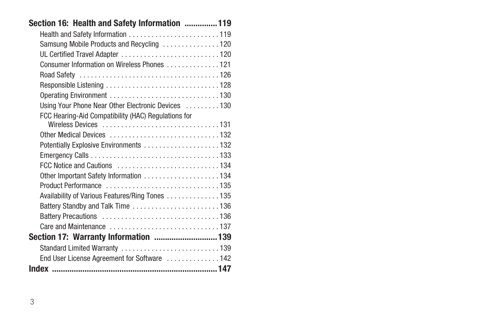 Section 16: health and safety information 119, Section 17: warranty information 139 | Samsung SCH-R460WRACRI User Manual | Page 6 / 153