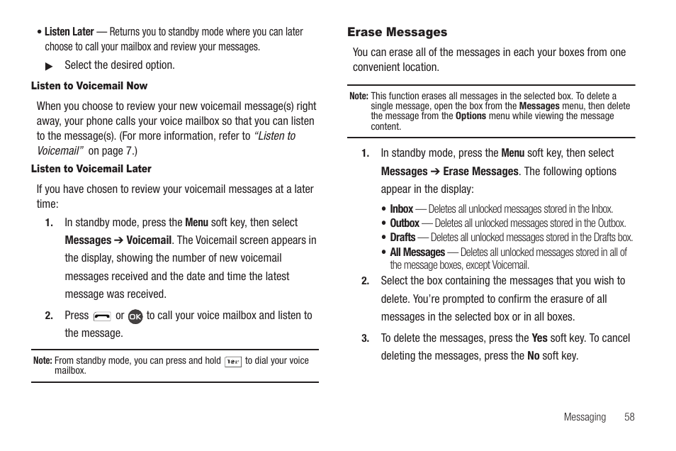 Listen to voicemail now, Listen to voicemail later, Erase messages | Samsung SCH-R460WRACRI User Manual | Page 61 / 153