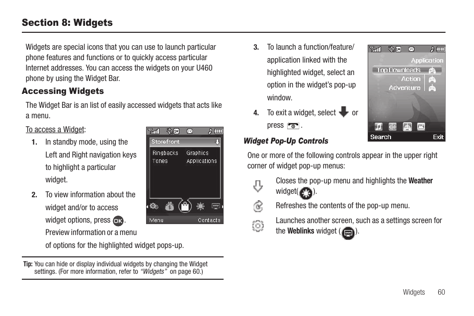 Section 8: widgets, Accessing widgets, Widget pop-up controls | Samsung SCH-R460WRACRI User Manual | Page 63 / 153