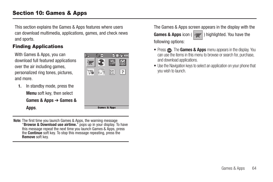 Section 10: games & apps, Finding applications | Samsung SCH-R460WRACRI User Manual | Page 67 / 153